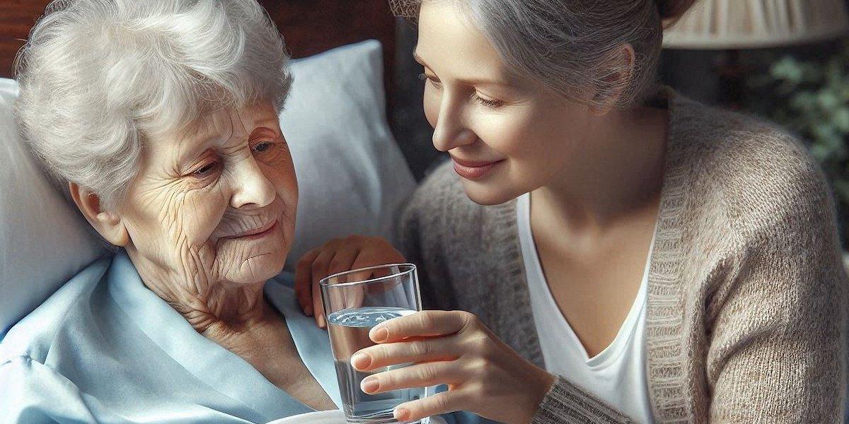 En medelålders kvinna tar hand om en äldre kvinna.
