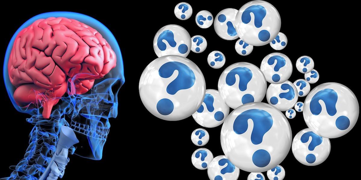 En hjärna och frågetecken. Forskare har lyckats vända och återställa symtomen på Alzheimers med en ny syntetisk peptid som kan interagera med hjärnans minnescenter