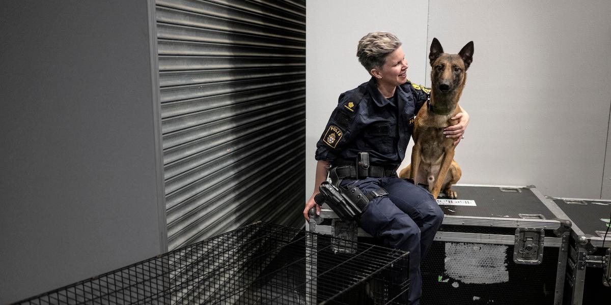 Polisens hundförare Hannah Bergelin med sin malinois Översten, som bott hos henne sedan han var valp. I Sverige bor polishundarna oftast hos sina hundförare