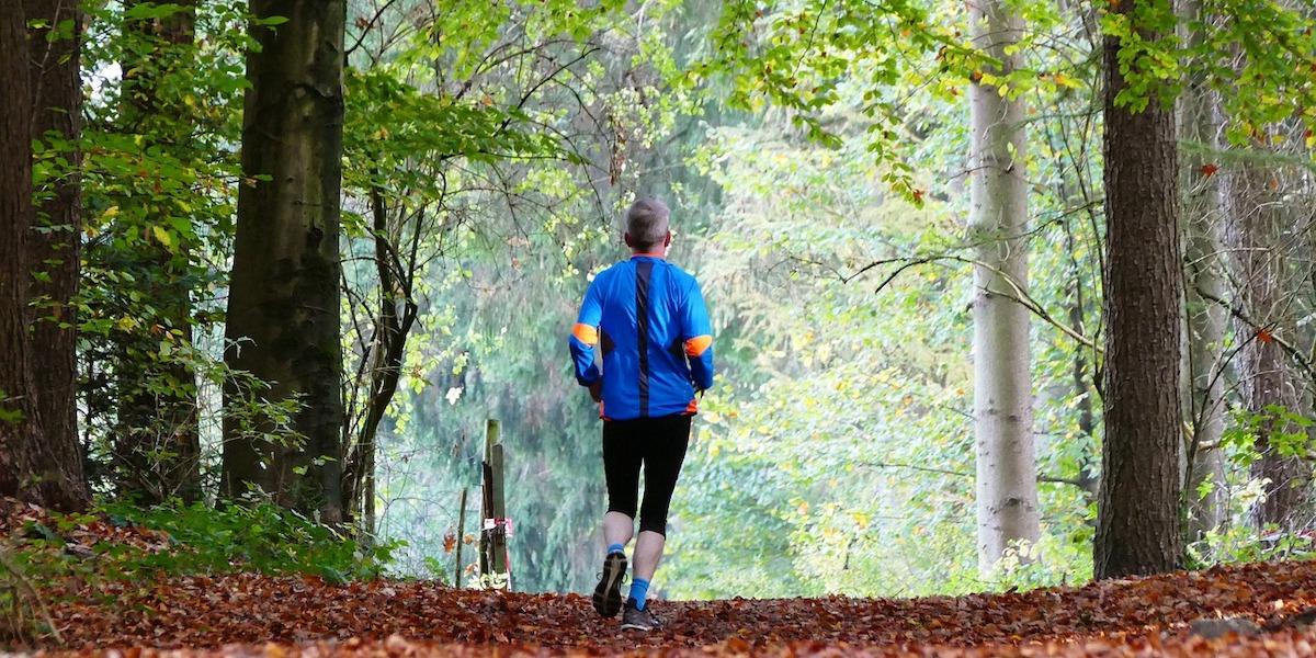 en person jogga i skogen. Även om du bara ger dig ut och joggar ett par gånger i veckan har det effekt på din hälsa att träna