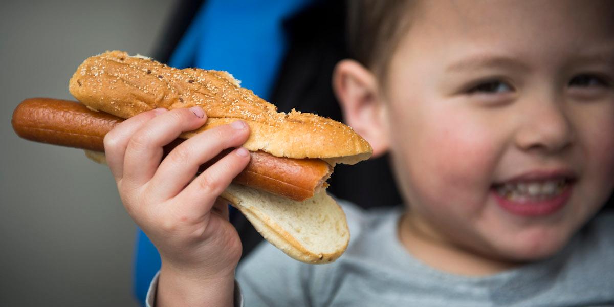 en liten pojke äter en varmkorv. Små barn äter för mycket rött kött och chark, det visar en ny undersökning från Livsmedelsverket