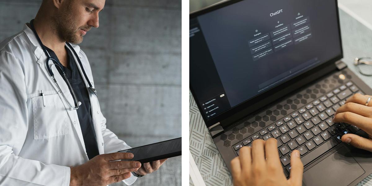 En läkare tittar på en ipad och någon använder Chat GPT. Chat GPT har i en studie visat sig utklassa läkare när det gäller att ställa en korrekt diagnos