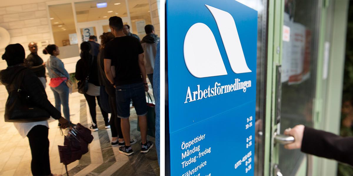 Kö på Arbetsförmedlingen och någon öppnar dörren till Arbetsförmedlingen. Sociologen Roland Paulsen skriver i en kommenterande text att sättet den ekonomiska expertisen ser på den höga arbetslösheten i dag skiljer sig från 1990-talet.