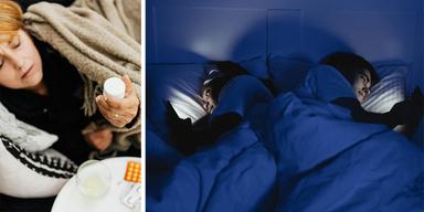 En kvinna ligger i sängen och tittar på en burk med piller och ett par ligger i sängen och tittar på sina mobiler. Försäljningen av melatonin ökar, det kan hjälpa vid sömnsvårigheter men det finns mer du kan göra