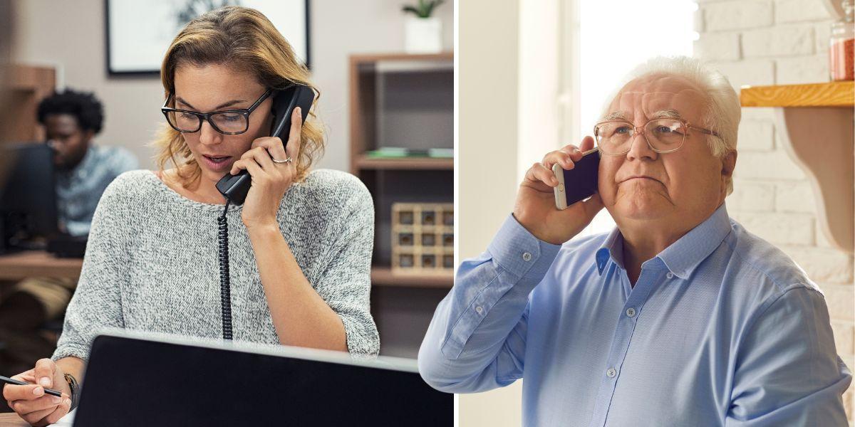 En kvinna sitter på ett kontor och pratar i telefon och en äldre man sitter hemma och pratar i telefon