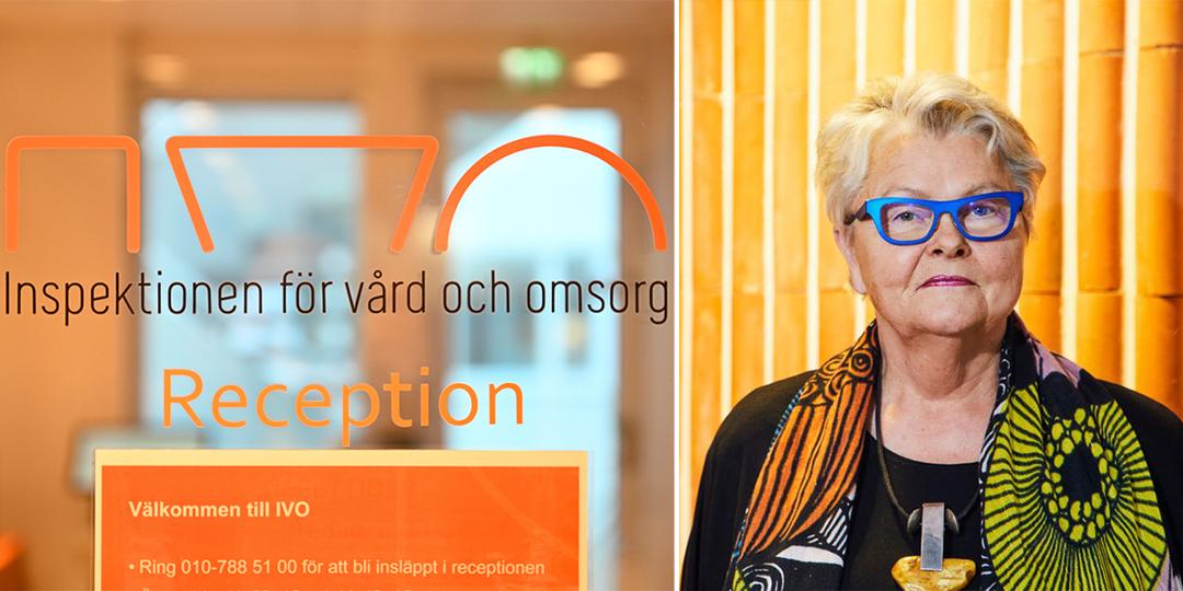 IVO:s logga och SPF Seniorernas förbundsordförande Eva Eriksson. Enligt IVO fick tusentals äldre vänta på sin beviljade insatser förra året. Eva Eriksson tycker att det är förskräckligt