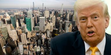 Donalt Trump med New York i bakgrunden. Svenskars vilja att åka till USA och New York har minskat sedan Donald Trump blev president, det märks särskilt sedan årsskiftet