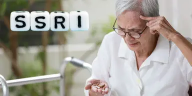 En förvirrad kvinna tittar på piller som hon har i handen. Svenska forskare har funnit att vissa antidepressiva läkemedel kan öka på den kognitiva försämringen vid demens