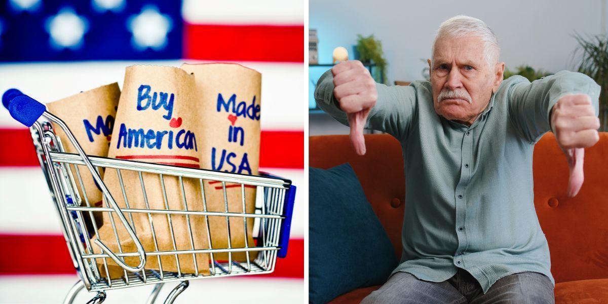 en shoppingvagn framför en amerikansk flagga och en man som gör tumme ned. Svenskarna ger tumme ned för amerikanska varor. I Sverige växer en politisk protest mot USA och dess förändrade utrikespolitik