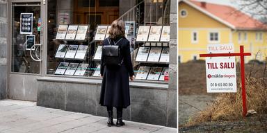 En kvinna tittar på mäklarannonser i ett fönster och en villa är till salu. Priserna på bostadsrätter sjunker medan priserna på villor har börjat öka