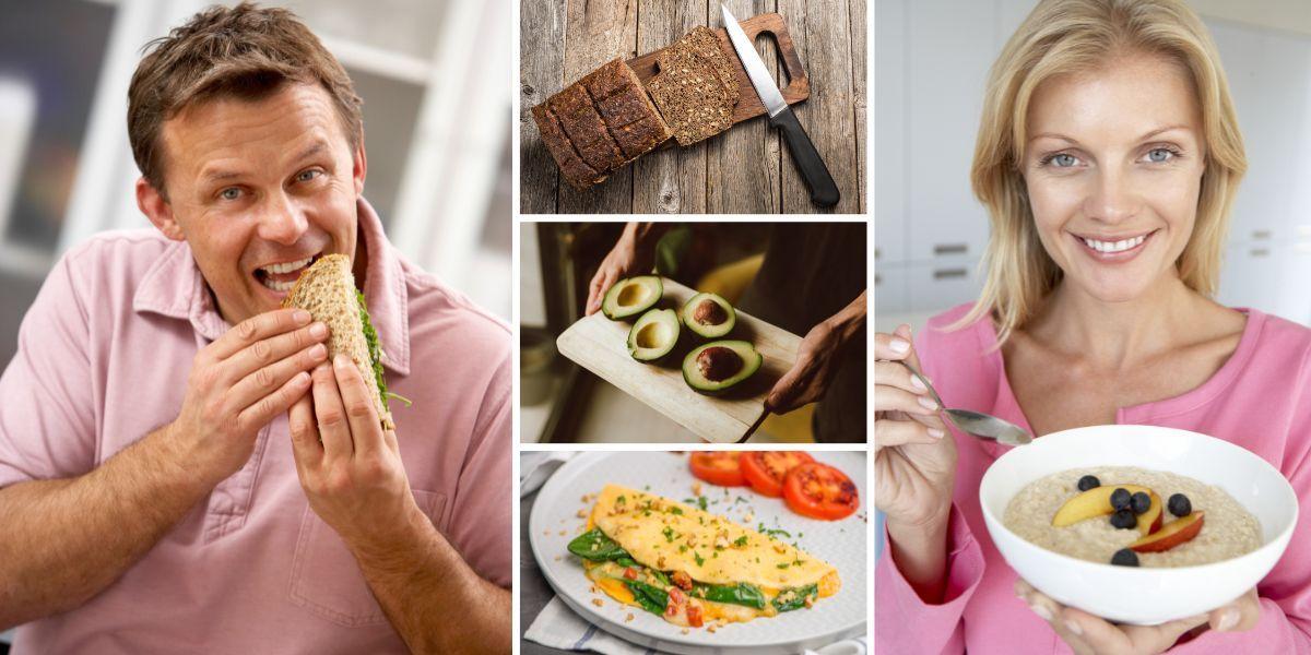 En man äter en smörgås och en kvinna äter gröt. Män och kvinnor mår bäst av att äta olika mat till frukost, det visar en ny kanadensisk studie