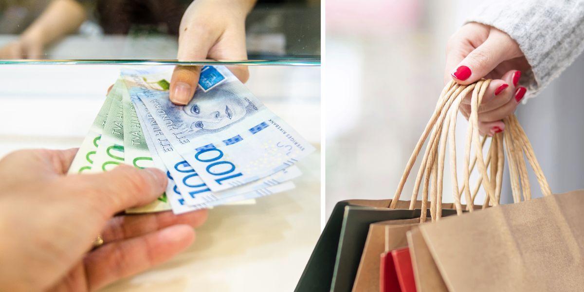 Någon håller i över pengar som lämnas över till en annan person och någon håller i shoppingkassar. De svenska hushållen håller fortfarande hårt i sina pengar och den förutspådda köpfesten har uteblivit