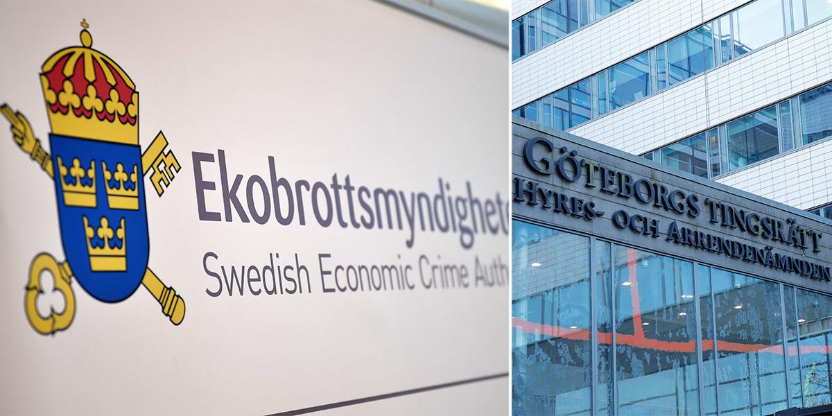 Ekobrottsmyndighetens skylt och Göteborgs tingsrätt. Ekobrottsmyndigheten, Polisen och Skatteverket har gjort husrannsakan hos vårdbolag i Göteborg.