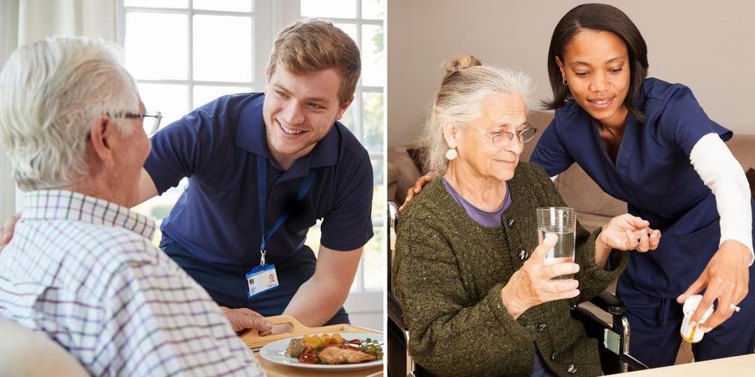 Hemtjänstpersonal med sina kunder. Med en läkemedelsautomat behöver inte personalen vara på plats för att dela ut medicin och ingen behöver sitta och vänta på hemtjänstpersonalen för att få sin medicin