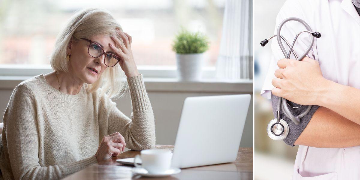 En kvinna funderar framför datorn och en läkare håller ett stetoskop. En kvinna fick felaktigt diagnosen Alzheimers sjukdom och känner sig besviken på sjukvården, som hon tycker gav henne diagnosen alldeles för lättvindigt