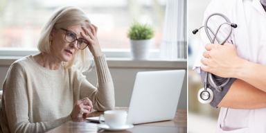 En kvinna funderar framför datorn och en läkare håller ett stetoskop. En kvinna fick felaktigt diagnosen Alzheimers sjukdom och känner sig besviken på sjukvården, som hon tycker gav henne diagnosen alldeles för lättvindigt