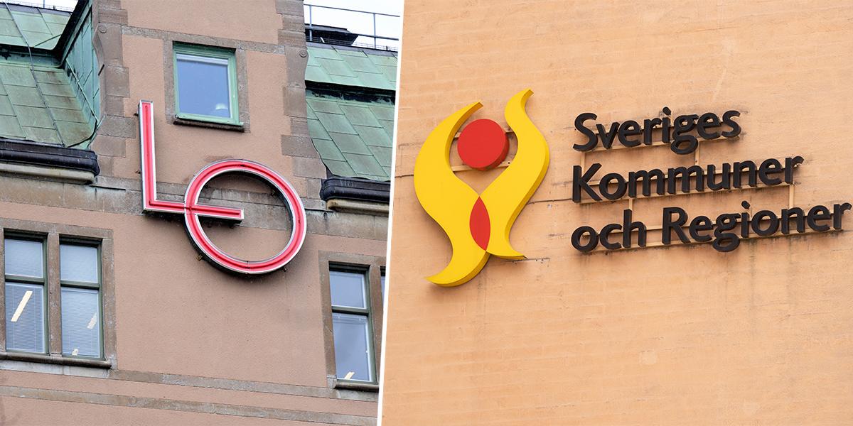 LO:s skylt och och SKR:s skylt på fasadet. LO kritiserar SKR:s bild av den kommande arbetskraftsbristen i välfärden