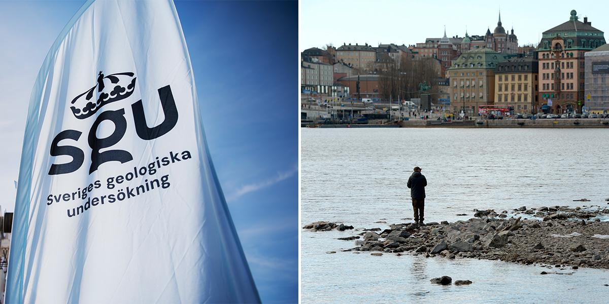 SGU:s flagga och lågt vatten vid Skeppsholmen i centrala Stockholm 2013. Sveriges geologiska undersökning, SGU, har utfärdat ett meddelande om risk för vattenbrist i flera län