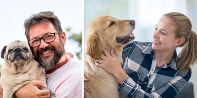en man med sin hund och en kvinna med sin hund. Hundar brukar likna sina ägare både till utseende och till personlighet