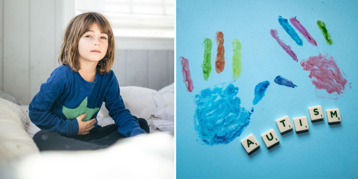 Ett barn har ont i magen och ordet autism under ett par ritade barnhänder.
