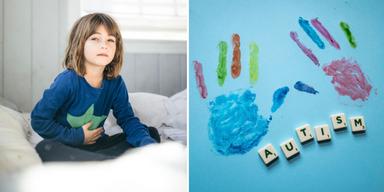 Ett barn har ont i magen och ordet autism under ett par ritade barnhänder.