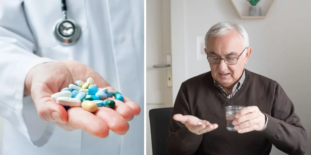 en läkare håller medicin i handen och en äldre man tar medicin. I stället för att hemtjänstpersonalen delar ut medicin gör nu läkemedelsautomater det, och det har ökat patienternas självständighet