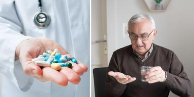 en läkare håller medicin i handen och en äldre man tar medicin. I stället för att hemtjänstpersonalen delar ut medicin gör nu läkemedelsautomater det, och det har ökat patienternas självständighet