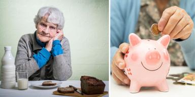 En pensionär sitter framför en flaska mjölk och bröd och en pensionär stoppar pengar i en sparbössa. Svenska pensioner är låga, trots att vi jobbar mycket, här är varför
