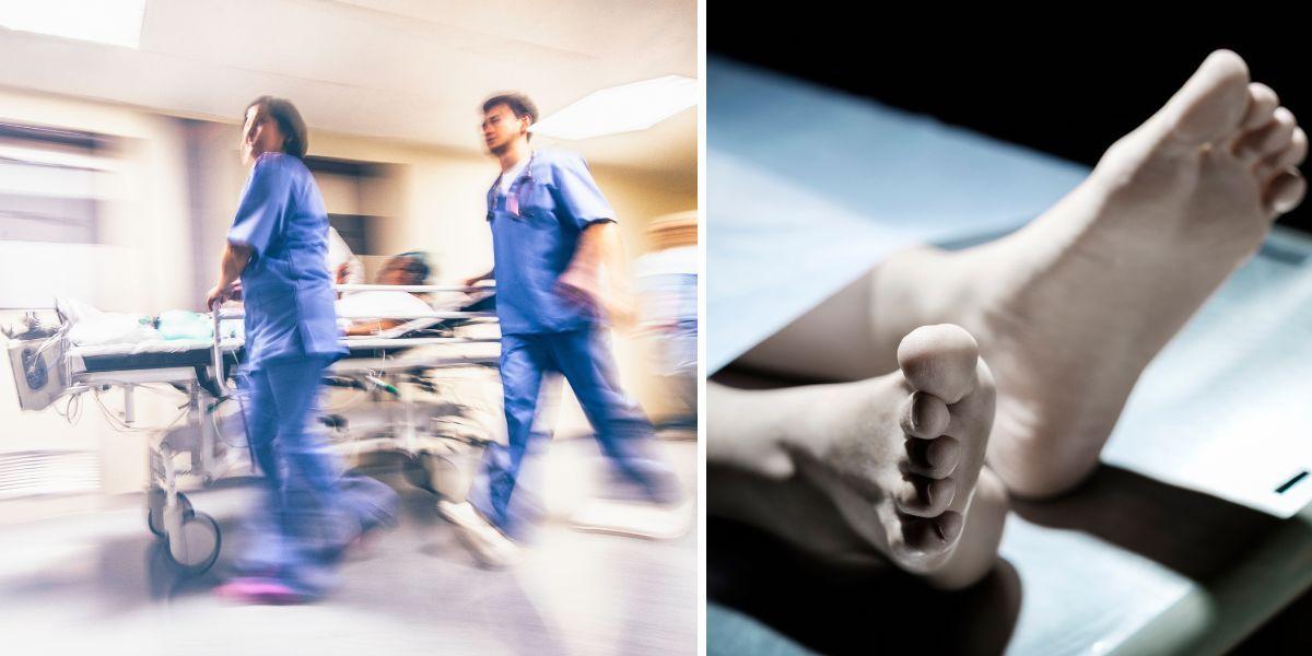 Sjukvårdspersonal springer med en patient i en sjukhussäng och fötterna en person som ligger på en brits på ett bårhus. Trots att antalet människor som drabbas av vårdskador har minskat det senaste decenniet drabbas fortfarande 80 000 varje år och 1 400 dör vårdskadorna.