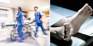 Sjukvårdspersonal springer med en patient i en sjukhussäng och fötterna en person som ligger på en brits på ett bårhus. Trots att antalet människor som drabbas av vårdskador har minskat det senaste decenniet drabbas fortfarande 80 000 varje år och 1 400 dör vårdskadorna.
