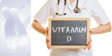 En kromosom med skadade telomerer och en person håller upp en skylt med ordet vitamin D
