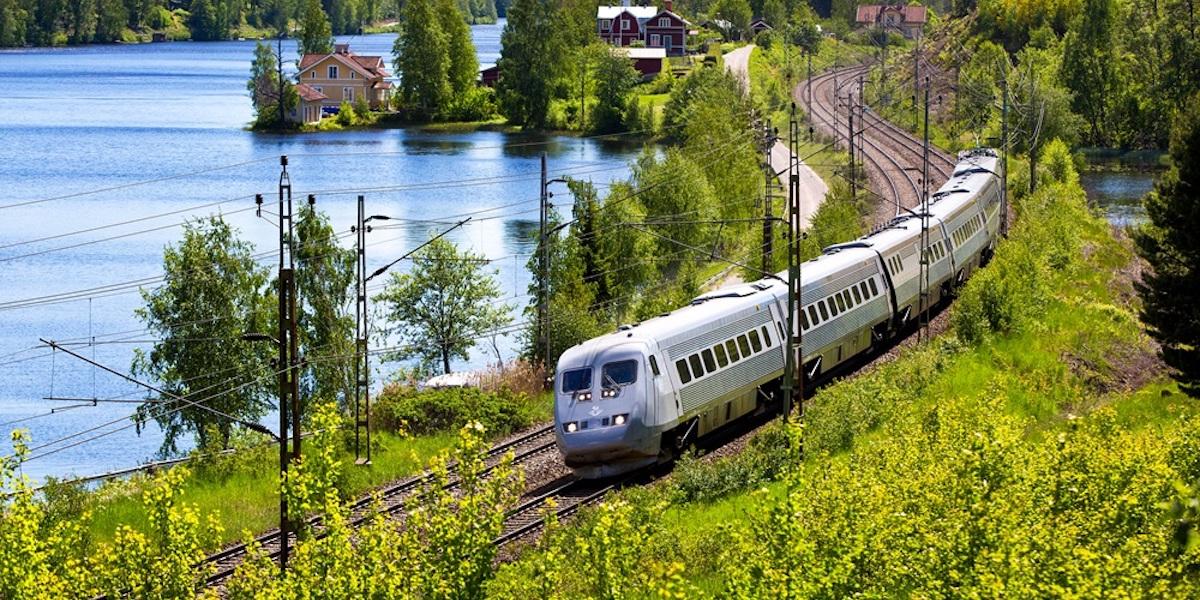 Ett tåg kör genom ett sommarlandskap. SJ släpper massor av extra sommarbiljetter i juli.