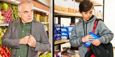 En äldre man och en ung pojke snattar i en butik. Människor i alla åldrar snattar och stjäl från butiker