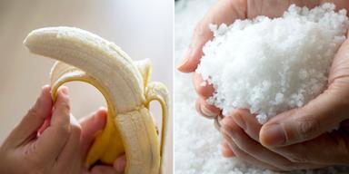 En banan och salt. Att minska på saltet kan få ned blodtrycket, men det är ännu bättre att samtidigt äta mer kaliumrika livsmedel, som banan