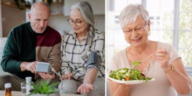 En man tar en kvinnas blodtryck och en kvinna äter sallad. Här är nio viktiga förebyggande åtgärder för att undvika Alzheimers sjukdom och annan demens