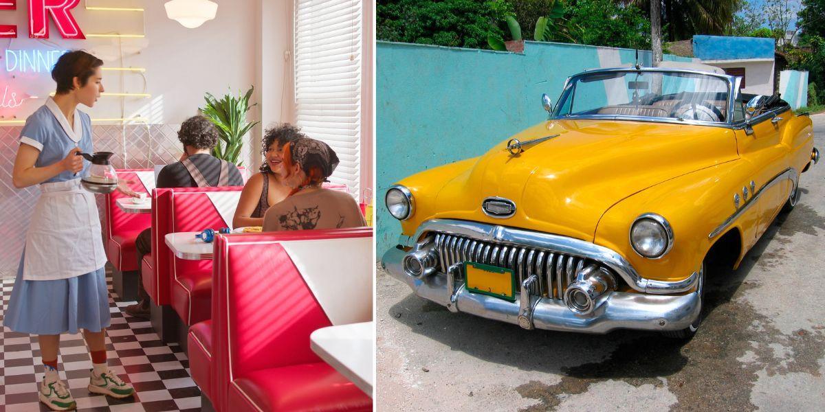 Amerikansk sylta stylad som på 1950-talet och en amerikansk bil från 1950-talet eller tidigt 1960-tal. Fiket på bilden är inte fiket i texten