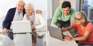 Ett par sitter framför datorn och en kvinna får hjälp vid datorn. Färre pensionärer råkar illa ut på internet än personer som är yngre, men många uppger att de behöver hjälp med internettjänster och dator.