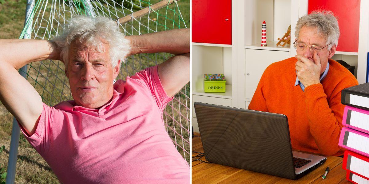 En man ligger i hängmattan och en man jobbar. En ny rapport från Pensionsmyndigheten visar att andelen jobbonärer bara ökade marginellt under 2023.