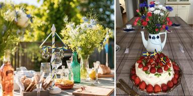 Ett midsommarbord och en jordgubbstårta. Det kommer finnas svenska jordgubbar till midsommarhelgen.
