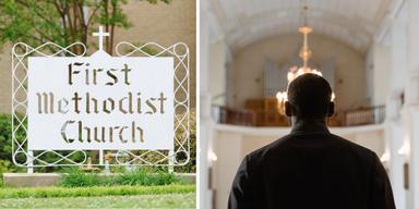 En skylt med namnet First methodist church och en pastor i en kyrka. En pastor i First methodist church anklagas för flera fall av övergrepp mot barn. Personen på bilden har ingenting med texten att göra.