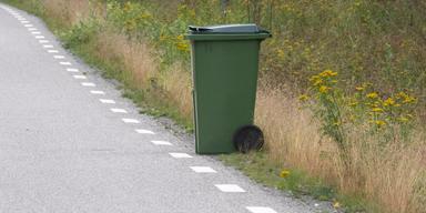 En soptunna står vid en väg.