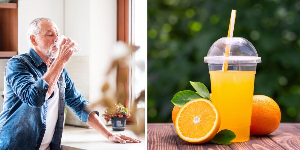 En man dricker och ett glas apelsinjuice. Det är mycket sämre för hälsan att dricka socker än att äta det och det gäller till och med ren fruktjuice.