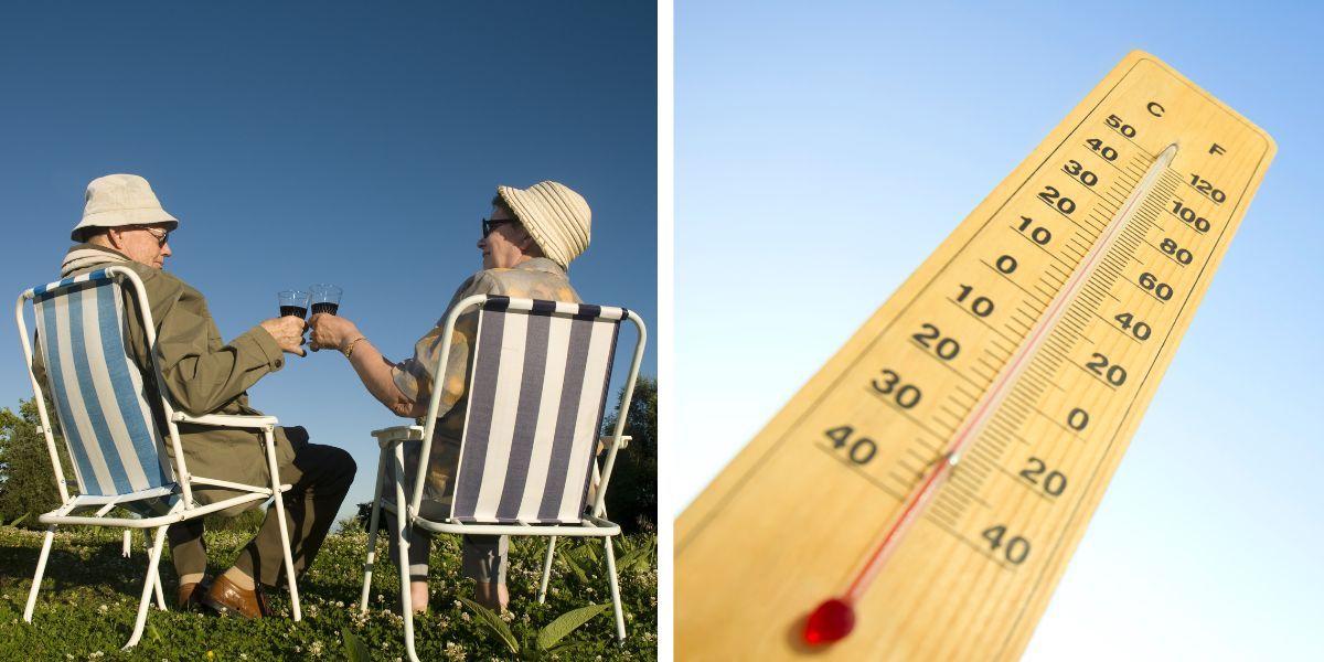 Ett par skålar i solstolar och en termometer visar 30 grader. Passa på att njuta när sommarvärmen kommer, i södra Sverige kan det bli upp emot 30 grader, men vi kan vänta oss växlande väder framöver