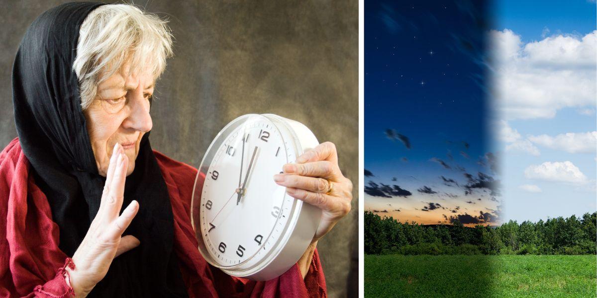 En kvinna tittar på en stor klocka och det är både natt och dag. En vanlig klocka som visar tiden säger något om det är natt eller dag och att det kan skapa oro hos den som har demens