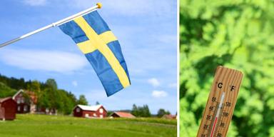 Svenskt landskap och svenska flaggan och en termometer som visar 35 grader. I dag kan det bli 35 grader varmt lokalt i norra Skåne, östra Småland och delar av Östergötland, efter det kommer vi få vänta ett tag på mer värme.