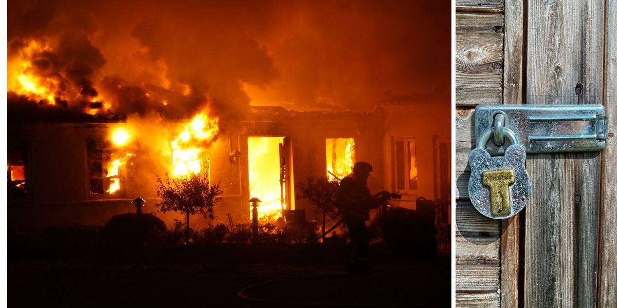 Ett hus brinner och en dörr är låst. Huset brann men en äldre mans 80-åriga granne kunde inte ta sig in och hjälpa honom eftersom hans dörr var låst, något som troligtvis räddade kvinnans liv. Bilderna är endast en illustration och har ingenting med texten att göra.