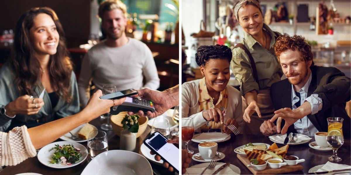 Människor äter och betalar på restaurang. Det osäkra ekonomiska läget gör att svenskar nu ger mindre dricks när de går på restaurang.