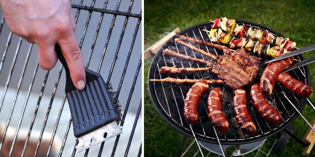 Någon rengör ett grillgaller med en stålborste och någon grillar på en grill