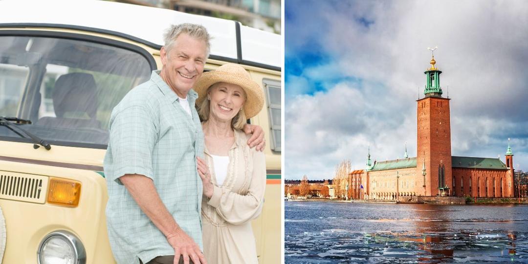 Ett par vid en husbil och Stockholm