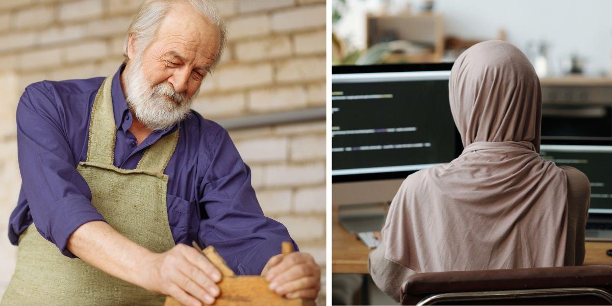 En pensionär och en kvinna med slöja jobbar. Fler äldre, kvinnor och migranter behöver jobba för att ekonnomin inte ska växa långsammare när befolkningarna i OECD-länderna åldras